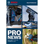 Productafbeelding van Bosch Professional met vier gereedschappen: accuschroefmachine, multitool, cirkelzaag en takkenzaag. Alle apparaten zijn in blauw en zwart, omringd door een grijze achtergrond. Tekst "PRO NEWS" in witte letters.