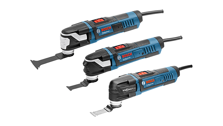 Drie oscillatietools van Bosch Professional zijn uitgelijnd op een witte achtergrond.