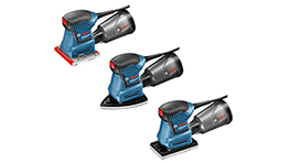 Drie Bosch Professional schuurmachines in blauw en zwart, uitgelijnd op een witte achtergrond.