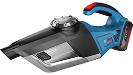 Aspirateur sans fil Bosch Professional, couleur bleu et noir, sur fond blanc.