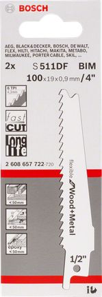 Bosch S 511 DF reciprozaagblad 4″ hout metaal.