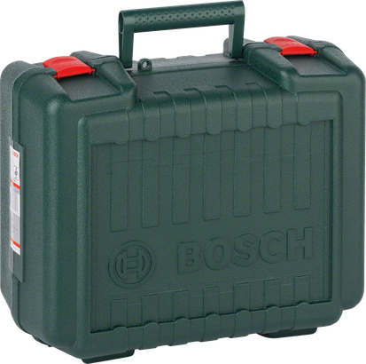 Bosch kunststof gereedschapskoffer met rode sluitingen en handgreep.