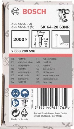 Bosch roestvrijstalen 2,8×1,6mm spijkers 63mm 2000×.