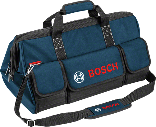 Bosch gereedschapstas met schouderriem en voorvakken.