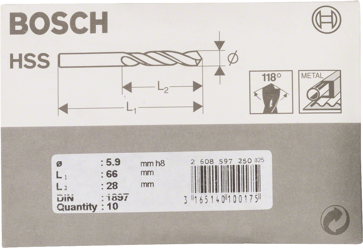 Bosch HSS-R korte boor DIN 1897 voor metaal, 5,9 mm.