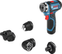 Bosch GSR 12V-15 FC accuboormachineset met vier opzetstukken.