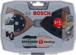 Bosch Starlock schuurset met hardmetalen zaagblad en schuurplateaus.