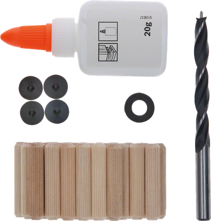 Bosch deuvelset met boor, lijm en houten deuvels.