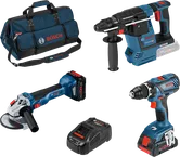 Bosch 18V combiset met boormachine, boorhamer, haakse slijper, oplader en gereedschapstas.