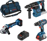 Bosch 18V combiset met boormachine, boorhamer, haakse slijper, oplader en gereedschapstas.