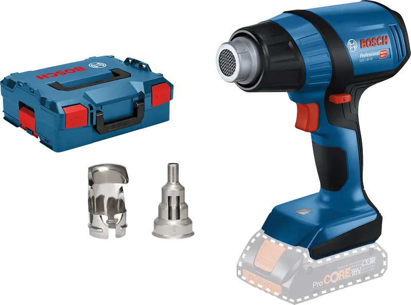 Bosch accu-heteluchtpistool GHG 18V-50 met koffer en mondstukken.