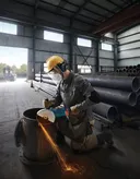 Een persoon die veiligheidsuitrusting draagt, gebruikt een haakse slijper om binnenshuis een grote metalen buis door te zagen.