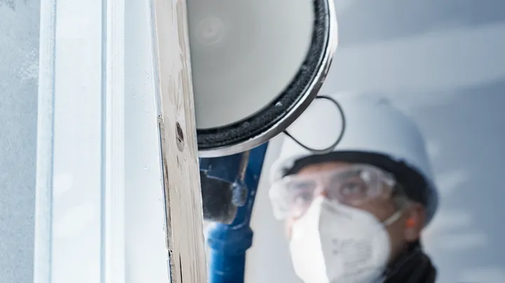 Een persoon met veiligheidsuitrusting boort in een gipsplaatpaneel.