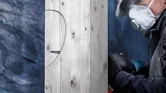 Iemand die veiligheidsuitrusting draagt, gebruikt een reciprozaag om een ​​cirkel in hout te zagen.