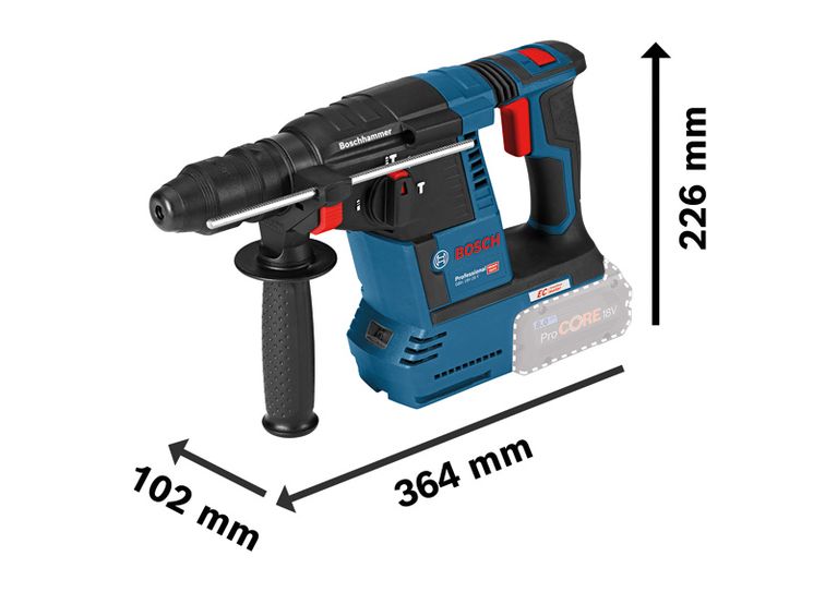 Bosch GBH 18V-26 F boorhamer met ProCORE 18V accu, afmetingen afgebeeld.