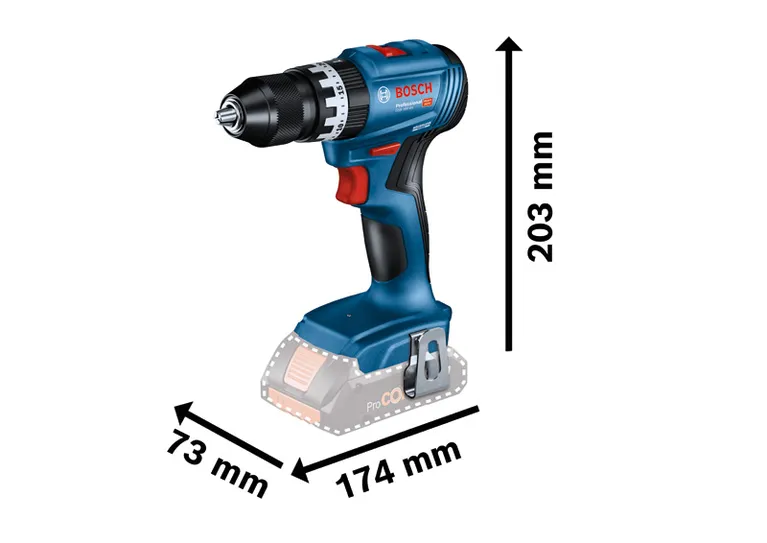 Bosch GSB 18V-45 accuboormachine met afmetingen.