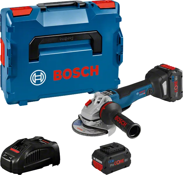 Bosch GWS 18V-10 haakse slijperset met koffer en accu's.