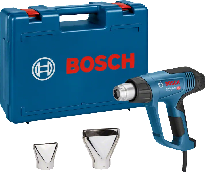 Bosch GHG 20-63 heteluchtpistoolset met koffer en mondstukken.