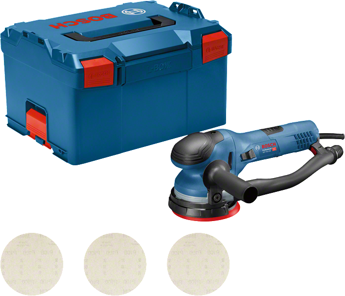 Bosch GET 55-125 excenterschuurmachine met koffer en schuurbladen.