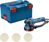 Bosch GET 55-125 excenterschuurmachine met koffer en schuurbladen.