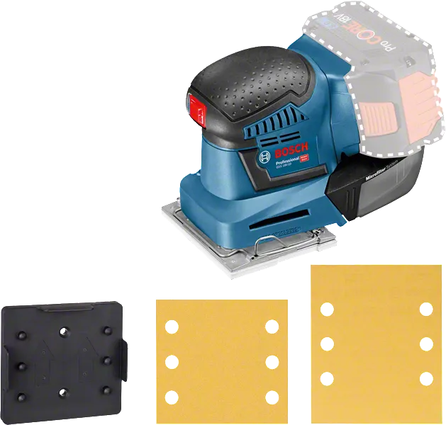 Bosch GSS 18V-10 accu-excenterschuurmachine met schuurbladen.