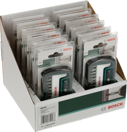 Bosch schroevendraaierbitset met 12 onderdelen in winkeldisplay.