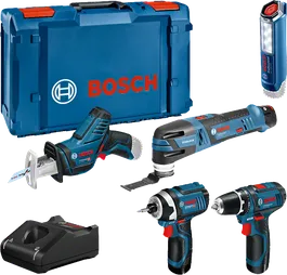 Bosch 12V 5-gereedschapscombiset met koffer en oplader.