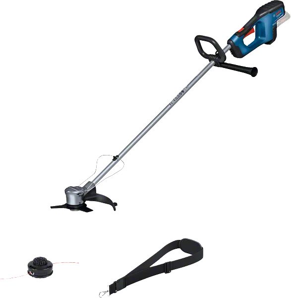 Bosch GFR 18V-23 accu grastrimmer met draagriem.