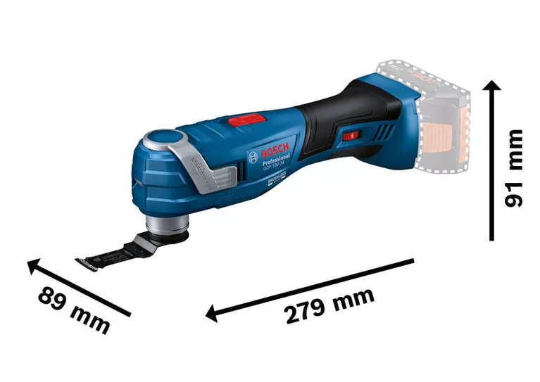 Bosch GOP 18V-34 accu-multitool met afmetingen.