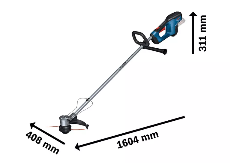 Bosch GRT 18V-33 accu grastrimmer met de afgebeelde afmetingen.
