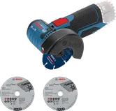 Bosch GWS 12V-76 accu haakse slijper met doorslijpschijven.