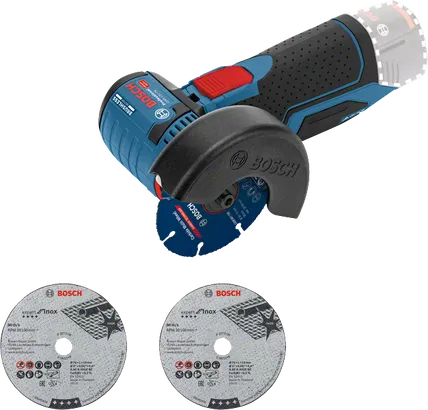 Bosch GWS 12V-76 accu haakse slijper met doorslijpschijven.