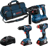 Bosch 3-gereedschapscombinatieset 18V met tas, oplader en accu's.