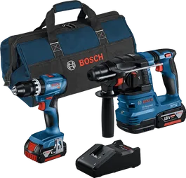 Bosch 18V combikit met boormachine, boorhamer, oplader en tas.