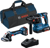 Bosch 18V combikit met haakse slijper, boorhamer, oplader en tas.