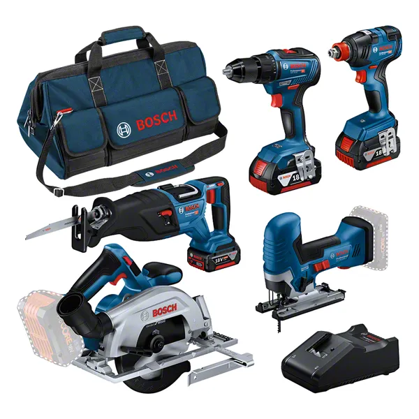 Bosch 18V 5-gereedschapscombinatieset met tas en oplader.