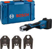 Bosch 18V-32 accu-persgereedschap met koffer en bekkensets.