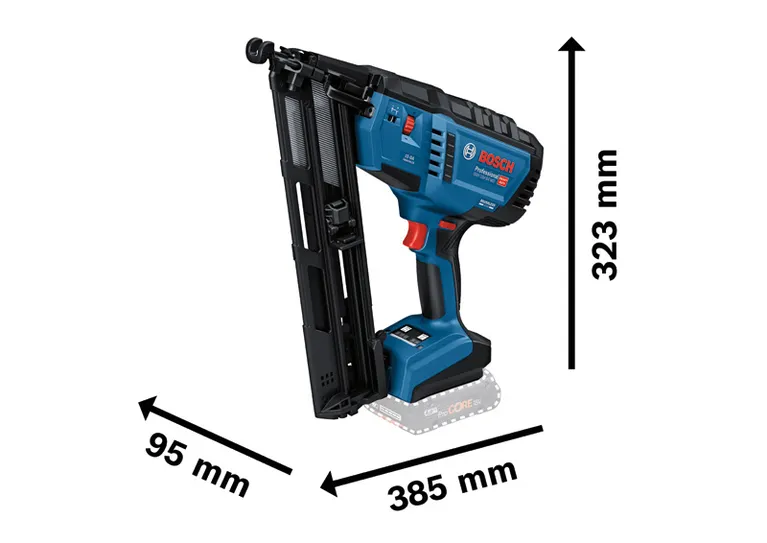 Bosch GNH 18V-64 MD accu-houtspijkermachine met afmetingen.