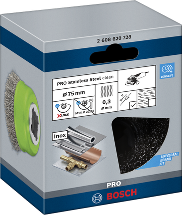 Bosch PRO roestvrijstalen 75×0,3 mm X-Lock komborstel.