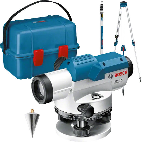 Bosch GOL 26 D optische waterpas met statief en baak.