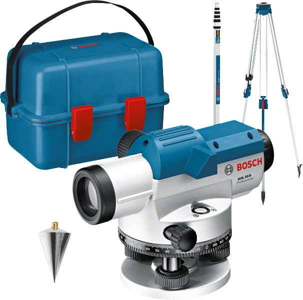 Bosch GOL 20 D optische waterpas met statief en baak.