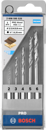 Bosch PRO Wood HSS boorset met punt, 5 stuks.