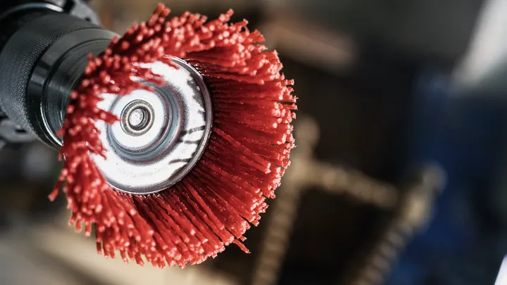 Rode schuurborstel bevestigd op elektrisch gereedschap voor het voorbereiden van metalen oppervlakken.