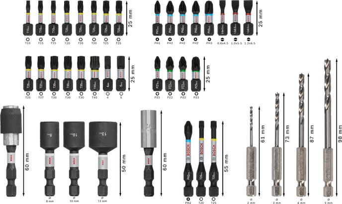 Bosch PRO Impact Wood Set 40-delig met diverse bits en boorkoppen.
