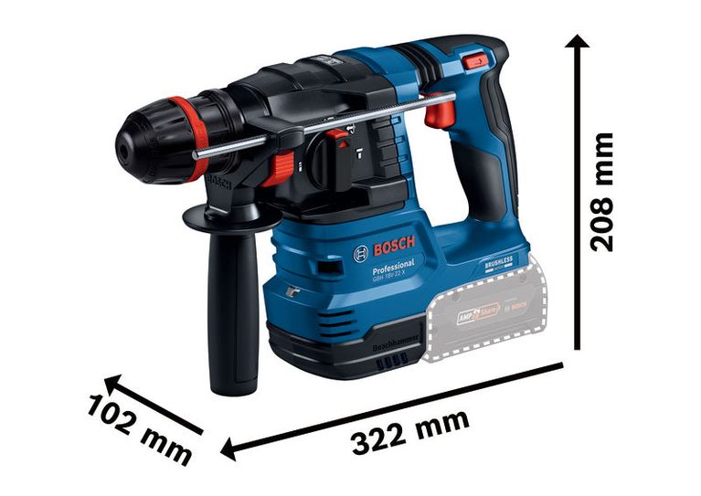 Bosch GBH 18V-22 X boorhamer met afmetingen.