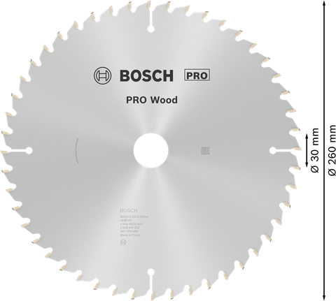 Bosch PRO Wood cirkelzaagblad 260 mm T48 voor zuivere zaagsneden.
