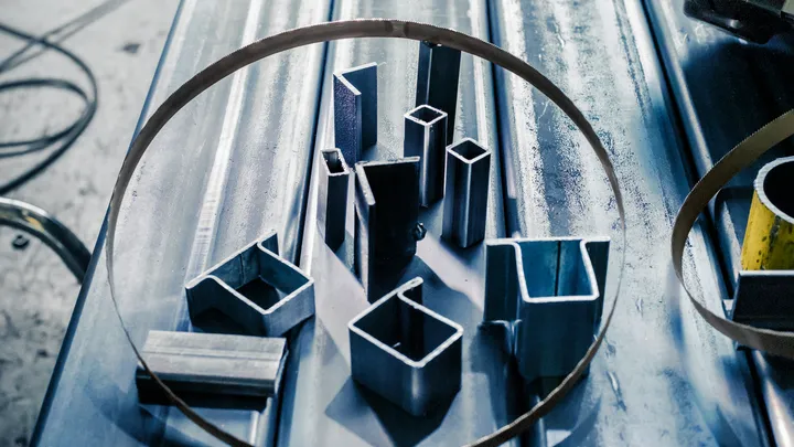 Metalen buizen en profielen worden in een lintzaagblad op een werkplaatstafel gelegd.