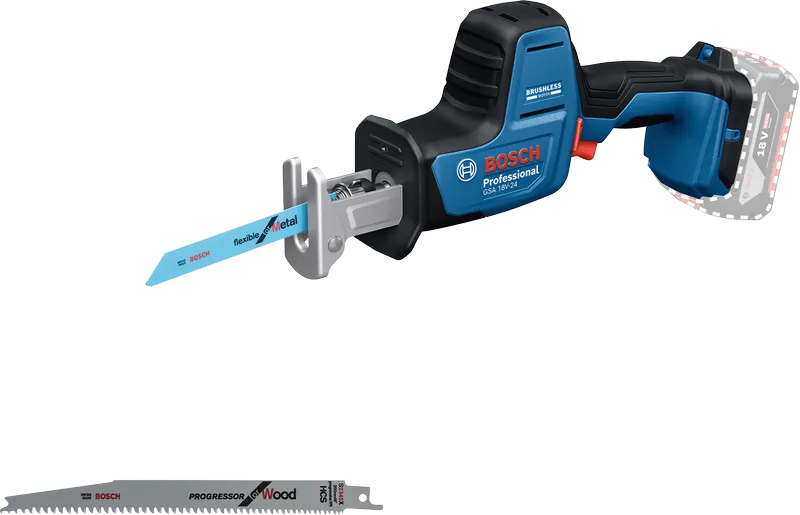 Bosch GSA 18V-24 accu-reciprozaag met twee zaagbladen.