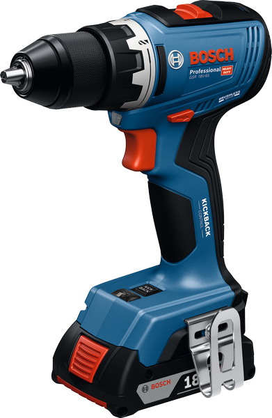 Bosch GSR 18V-65 accuboormachine met riemclip.