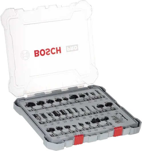 Bosch PRO freesbitset met gemengde bits, 8 mm schacht, in koffer.